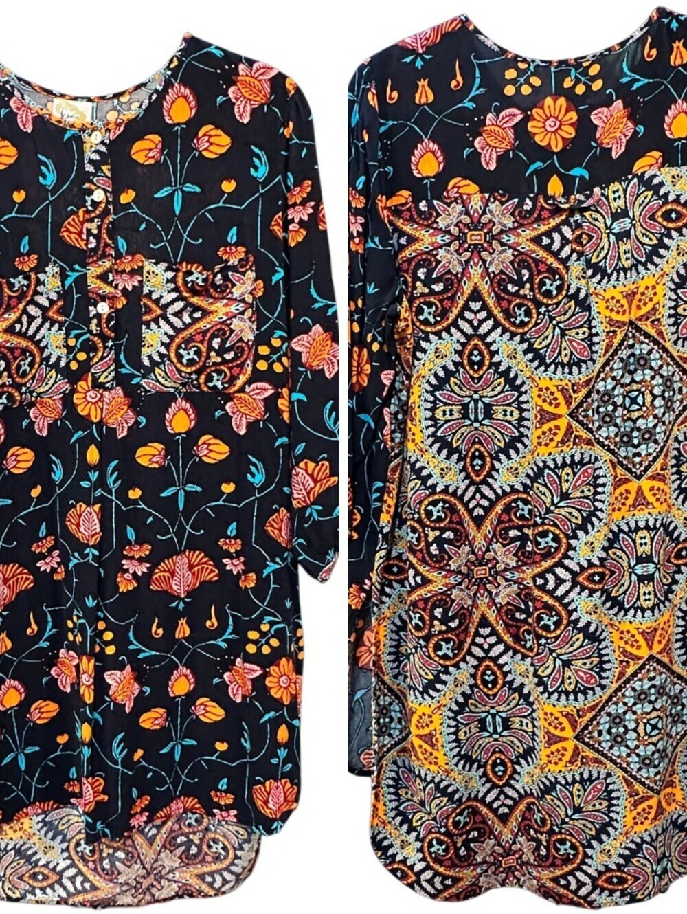 Fig and Flower L Mixed Print Tunic Dress Floral Paisley Henley Boho Artsy Black